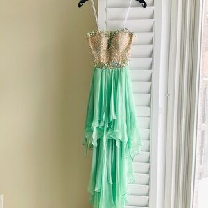 Sherri Hill Mint Green Chiffon High-Low Dress with Beaded Gold Bodice